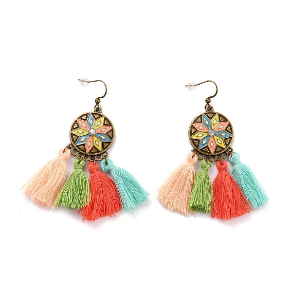 

PandaHall Bohemia Vintage Flat Round with Tassel Dangle Earrings, Zinc Alloy Chandelier Earrings for Women, Antique Bronze, Colorful, 72mm...