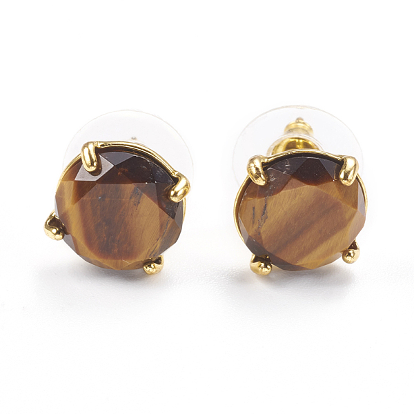 

PandaHall Natural Tiger Eye Stud Earrings, with Golden Tone Brass Findings, Faceted Flat Round, 11mm, Pin: 0.8mm Tiger Eye