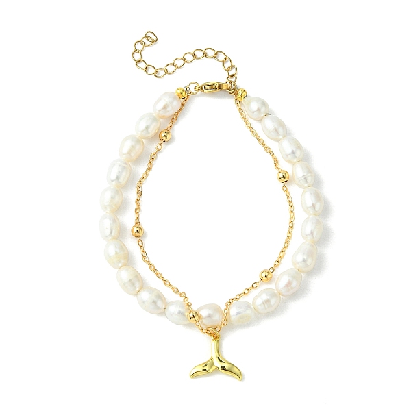 

PandaHall Multi-Strand Bracelets, with Natural Pearl Beads, 304 Stainless Steel Lobster Claw Clasps, Brass Whale Tail Shape Charms & Cable...