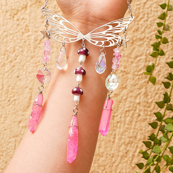 

PandaHall Wire Wrapped Glass Pendant Decorations, Hanging Suncatchers, with Metal Wing Link and Natural Lapis Lazuli Chip, for Home Garden..., Pink