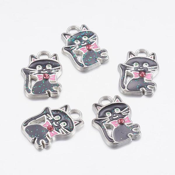 PandaHall Alloy Enamel Kitten Pendants, with Rhinestone, Lead Free and Cadmium Free, Cartoon Cat Shape, Platinum, Black, 19x14x3mm Alloy...