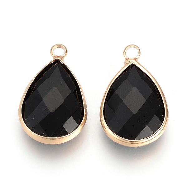 

PandaHall Glass Pendants, with Brass Findings, Faceted, Drop, Light Gold, Black, 14x7.5x4mm, Hole: 1.8~2.3mm Brass+Glass Teardrop Black