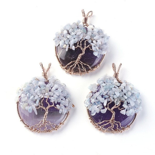 

PandaHall Natural Amethyst & Aquamarine Big Pendants, with Rose Gold Tone Brass Findings, Flat Round with Tree of Life...