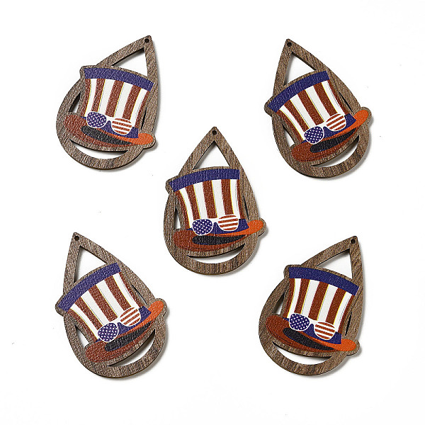 

PandaHall American Flag Theme Single Face Printed Aspen Wood Pendants, Teardrop Charm, Hat Pattern, 49.5x34x2.5mm, Hole: 1.6mm Wood Hat