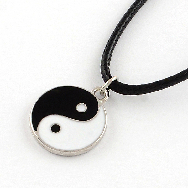 Image of Feng Shui Yin Yang Platinum Plated Zinc Alloy Enamel Pendant Necklaces with Waxed Cord and Iron End Extender Chains