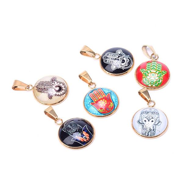 

PandaHall Hamsa Hand/Hand of Fatima/Hand of Miriam Theme Glass Pendants, with 201 Stainless Steel Findings, Flat Round, Golden, Mixed Color..., Multicolor