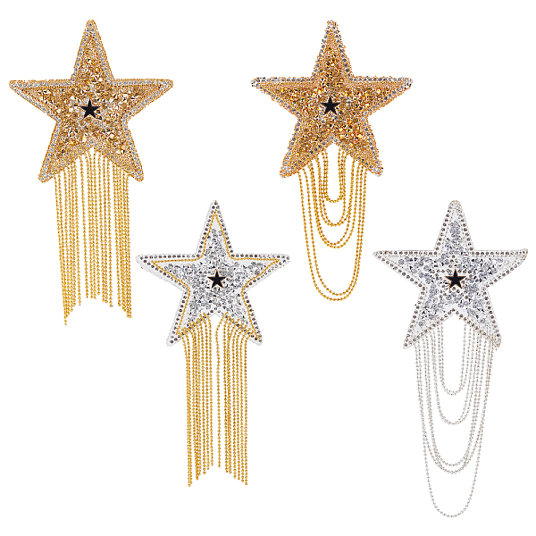 PandaHall FINGERINSPIRE 4pcs Star Pattern Clothes Rhinestone Patches with Tassel Iron on/Sew DIY Rhinestone Star Applique with Chains Tassel...