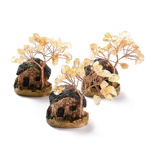 PandaHall Resin & Natural Citrine Model Ornament, House & Trees, Reiki Spiritual Energy Tree, for Desk Home Decoration, 37~52x31~33x67~70mm...