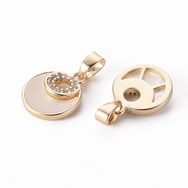 

PandaHall Brass Micro Pave Clear Cubic Zirconia Pendants, with Shell, Flat Round, Nickel Free, Real 18K Gold Plated, 18x11x3mm, Hole: 3x4mm...