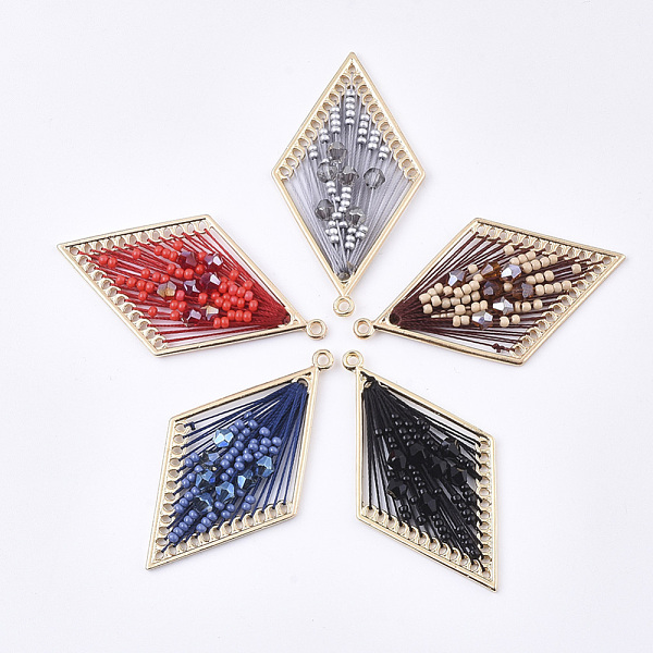 

PandaHall Polyester Thread Woven Big Pendants, with Glass and Golden Plated Alloy Findings, Long-Lasting Plated, Rhombus, Mixed Color..., Multicolor