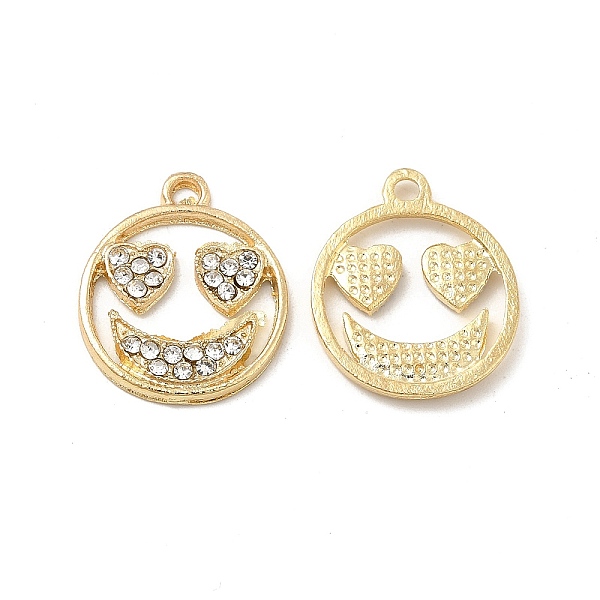 

PandaHall Alloy Crystal Rhinestone Pendants, Flat Round Charms with Smiling Face, Nickel, Light Gold, 19.5x16x1.5mm, Hole: 1.8mm..., Clear