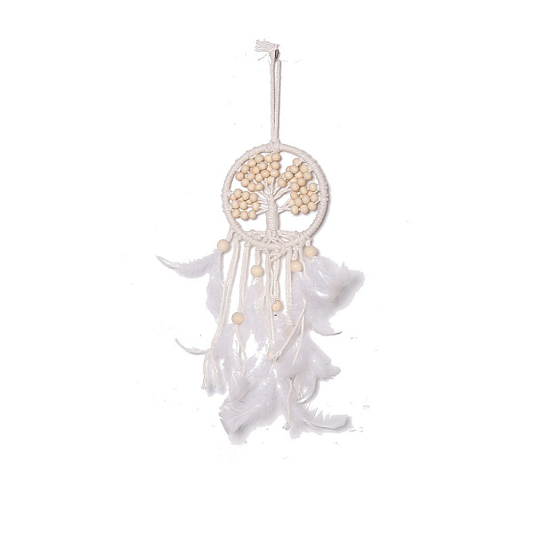 

PandaHall Iron Woven Web/Net with Feather Pendant Decorations, with Wood Beads, Covered Wax Cord, Flat Round, White, 110mm Feather Feather...