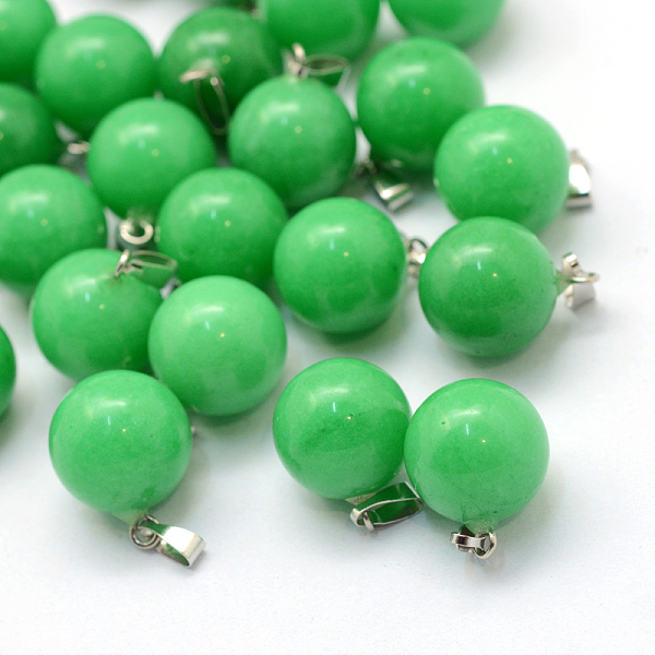 

PandaHall Round Dyed Natural Malaysia Jade Pendants, with Platinum Tone Brass Findings, 17~19x13~14mm, Hole: 2x7mm Malaysia Jade Round