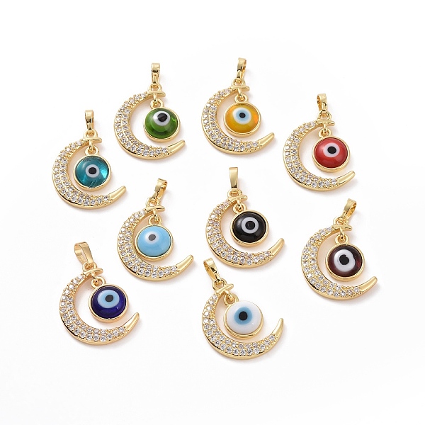 

PandaHall Brass Micro Pave Cubic Zirconia Pendants, with Handmade Evil Eye Lampwork, Crescent Moon Charm, Real 18K Gold Plated, Mixed Color..., Multicolor