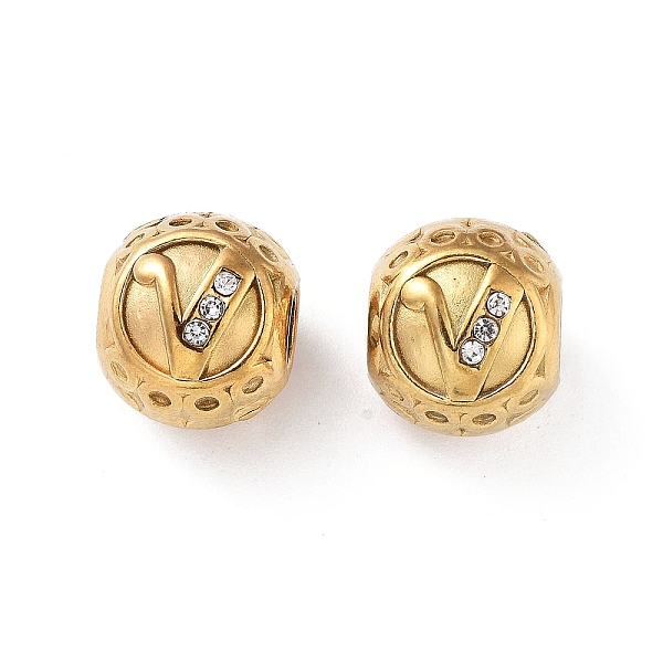 

PandaHall 304 Stainless Steel Rhinestone European Beads, Round Large Hole Beads, Real 18K Gold Plated, Round with Letter, Letter V, 11x10mm..., Clear