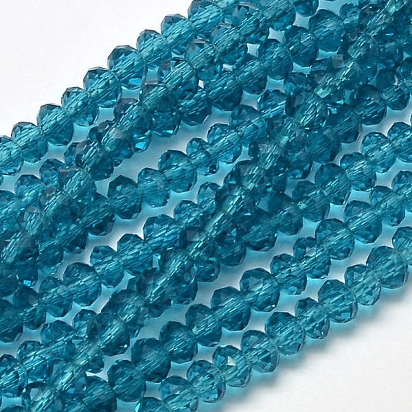 

PandaHall Faceted Rondelle Transparent Glass Beads Strands, Steel Blue, 3.5x2mm, Hole: 0.5mm, about 148pcs/strand, 14.9 inch Glass Rondelle...