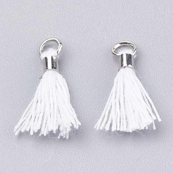 

PandaHall Polycotton(Polyester Cotton) Tassel Pendant Decorations, Mini Tassel, with Brass Findings, Platinum, White, 10~15x3~4mm, Hole: 2mm...