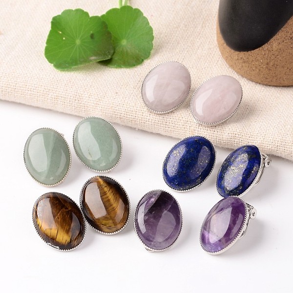

PandaHall Natural Mixed Stone Oval Clip-on Earrings, with Platinum Plated Brass Findings, 21x15mm Mixed Stone