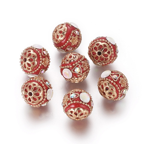 

PandaHall Handmade Indonesia Beads, with Rhinestone and Brass Findings, Round, Light Gold, Red, 16.5~18.3x16x16.5mm, Hole: 1.8mm Polymer...