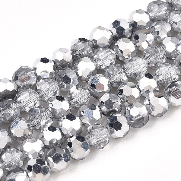 

PandaHall Transparent Electroplate Glass Beads Strands, Faceted, Half Silver Plated, Round, Silver, 4mm, Hole: 0.8mm, about 90~91pcs/strand...