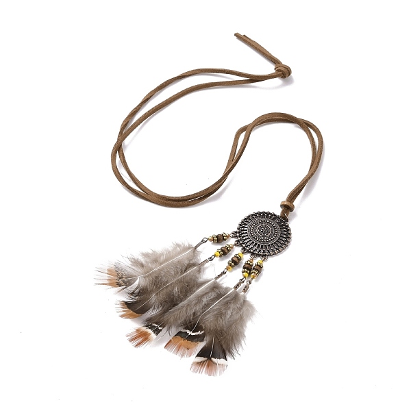

PandaHall Alloy Woven Net with Feather Pendant Necklace with Wood Beads, Bohemian Jewelry for Women, Camel, 35.8 inch(91cm) Feather Brown