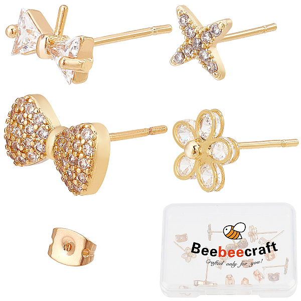 

PandaHall Beebeecraft 8Pcs 4 Style Brass Cubic Zirconia Stud Earring Findings, with 8Pcs Brass Ear Nuts, Bowknot & Star & Flower, Golden..., Clear