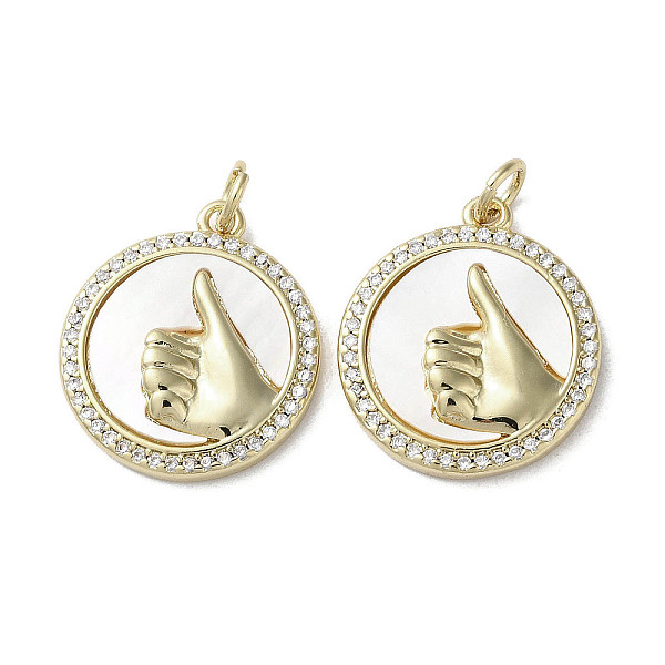 

PandaHall Gesture Theme Brass Micro Pave Cubic Zirconia Pendants, with Shell, Flat Round, Real 18K Gold Plated, 19.5x17x3.5mm, Hole: 3mm..., Clear