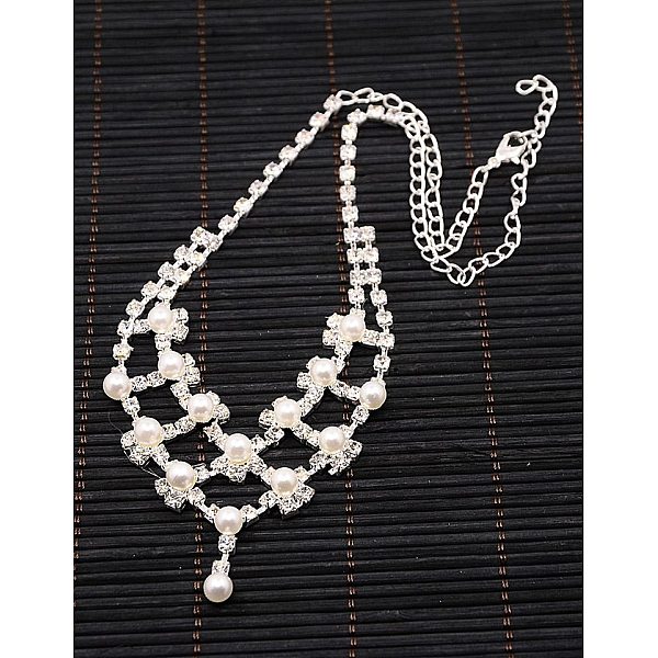 

PandaHall Iron Rhinestone Bridal Jewelry Sets: Necklaces, Bracelets, Earrings and Finger Rings, with Acrylic Pearl Beads and Plastic Ear..., Silver