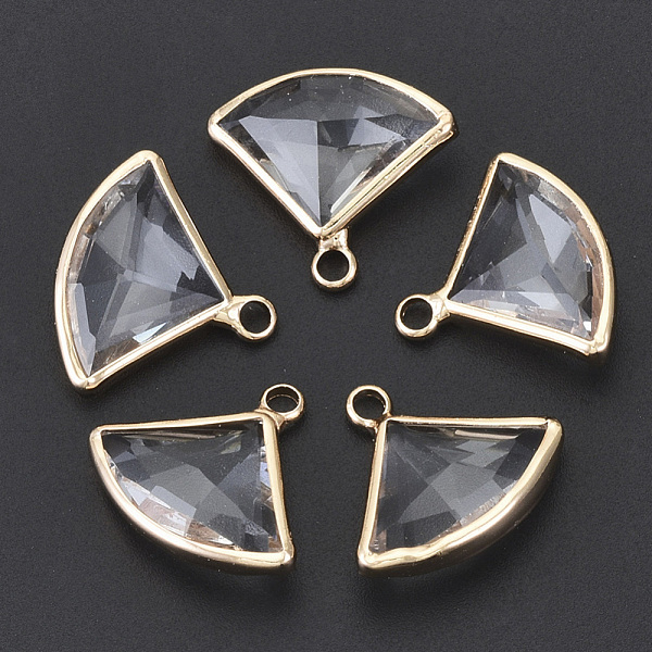

PandaHall Transparent Glass Pendants, with Light Gold Plated Brass Findings, Faceted, Fan, Clear, 16~17x19x6mm, Hole: 2mm Brass+Glass Fan...