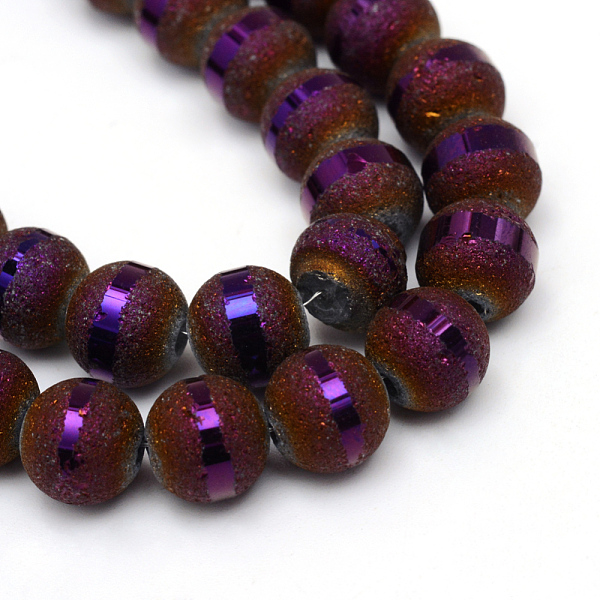 

PandaHall Electroplate Glass Bead Strands, Frosted, Round, Purple Plated, 8~9mm, Hole: 1.5mm, about 72pcs/strand, 24.4 inch Glass Round