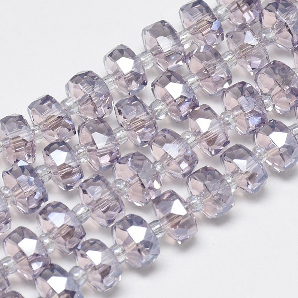 

PandaHall Electroplate Glass Beads Strands, Rainbow Plated, Faceted, Flat Round, Thistle, 7~8x5mm, Hole: 1mm, about 80pcs/strand, 21.26 inch..., Purple