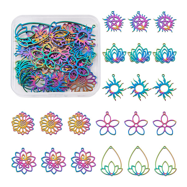 

PandaHall Biyun 28Pcs 7 Style 304 Stainless Steel Connector Charms & Pendants, Teardrop with Flower & Flower & Sun & Lotus & Sun with Star...