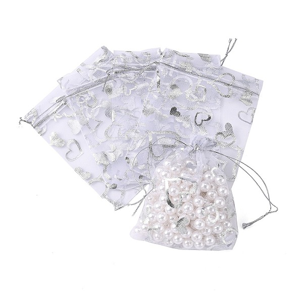 

PandaHall Heart Printed Organza Bags, Gift Bags, Rectangle, White, 12x10cm Organza Heart White