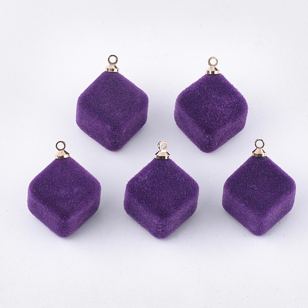 

PandaHall Flocky Acrylic Pendants, with Brass Findings, Cube, Golden, Dark Violet, 24x17.5x17mm, Hole: 1.6mm Brass+Acrylic Cube Purple