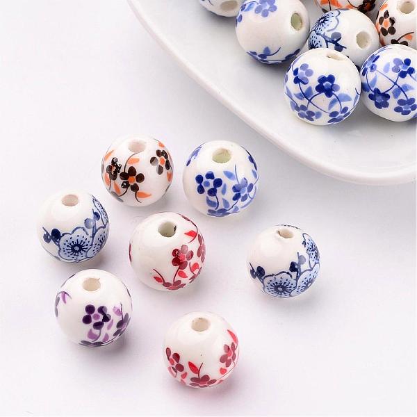 PandaHall Handmade Printed Porcelain Beads, Round, Mixed Color, 12mm, Hole: 3mm Porcelain Round Multicolor