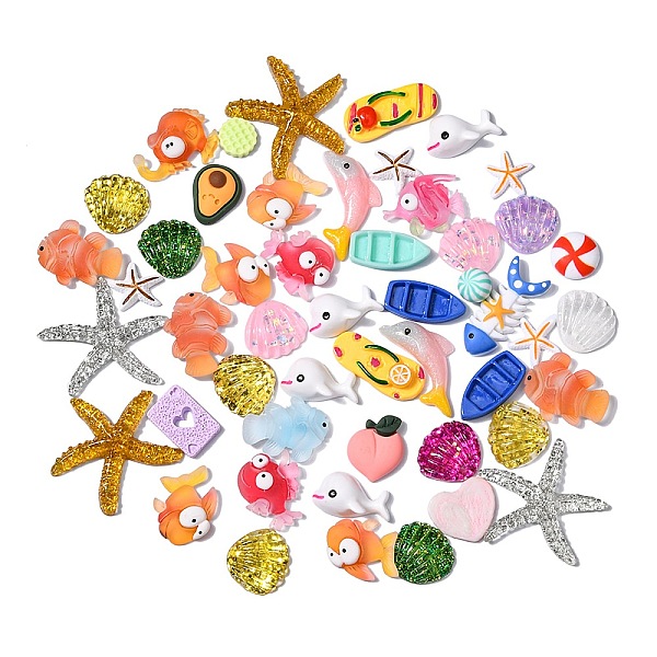 PandaHall Ocean Theme Opaque Resin Cabochons, With Glitter Powder, Fish & Starfish & Mermaid & Swimming Ring & Shell & Octopus, Mixed Shapes...