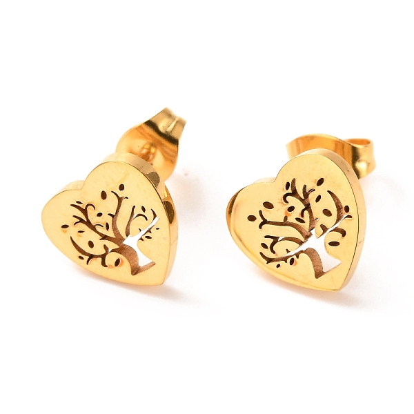 

PandaHall Ion Plating(IP) 304 Stainless Steel Stud Earrings, Heart with Tree, Golden, 11x10mm, Pin: 0.8mm 304 Stainless Steel Heart