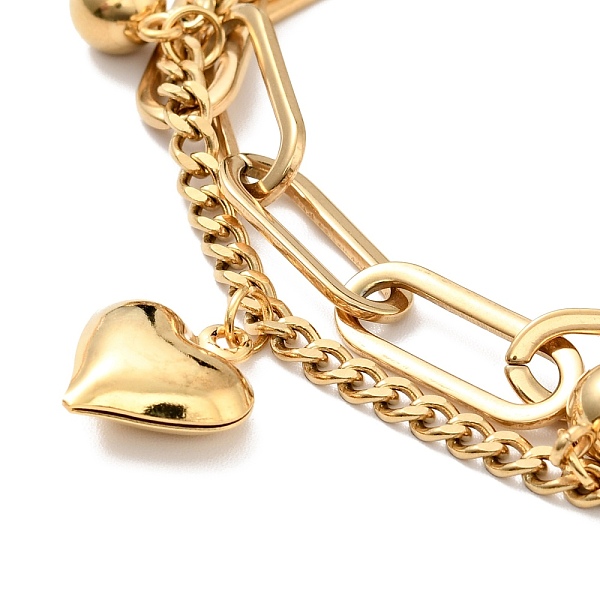 

PandaHall Heart and Round Ball Charm Multi-strand Bracelet, Vacuum Plating 304 Stainless Steel Double Layered Chains Bracelet for Women...