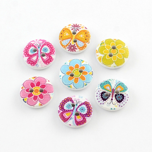 

PandaHall 2-Hole Flower Pattern Printed Wooden Buttons, Flat Round, Mixed Color, 15x4mm, Hole: 2mm Wood Flat Round Multicolor