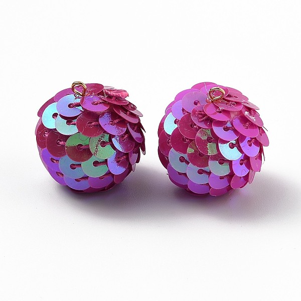 

PandaHall Sparkly Paillette Plastic Pendant Decorations, AB Color Plated, Ball Shape, Fuchsia, 26x21mm, Hole: 1.8mm Plastic Round Pink