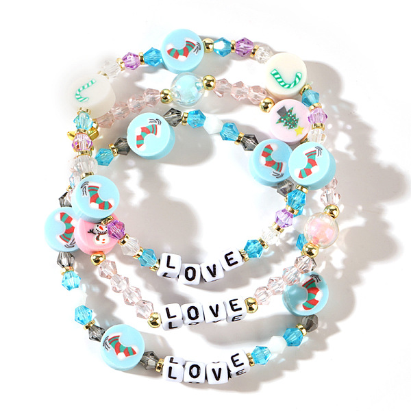 3Pcs Christmas Theme Handmade Polymer Clay & Glass Bicone Beads Stretch Bracelet Sets, with Word Love, Sky Blue, 6-7/8 inch(17.5cm)