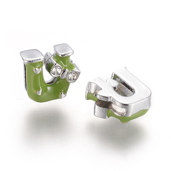 

PandaHall Initial Slide Beads, Alloy Rhinestone Beads, Letter U, Platinum Color, about 12mm long, 12mm wide, 6mm thick, hole: 1.5x8mm...