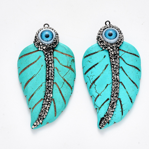 

PandaHall Synthetic Turquoise Pendants, with Polymer Clay Rhinestones, Evil Eye Resin and Iron Loop, Dyed, Leaf, Gunmetal, Turquoise, PP12..., Green