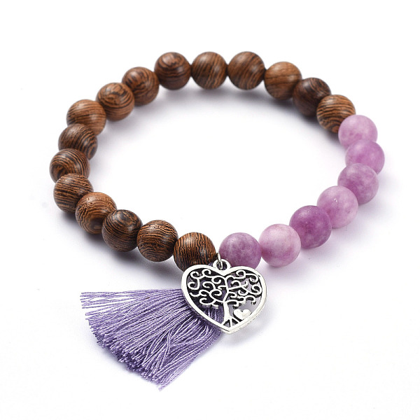 

PandaHall Natural White Jade(Dyed) Beads Stretch Charm Bracelets, with Cotton Thread Tassel, Natural Wood Beads and Heart with Tree Alloy..., Multicolor