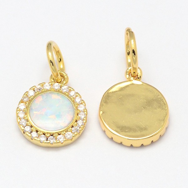 

PandaHall Brass Micro Pave Cubic Zirconia Charms, with Synthetic Opal, Flat Round, Golden, 12x9.5x2mm, Hole: 4mm Brass+Cubic Zirconia Flat..., White