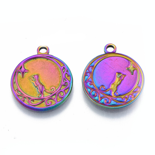 

PandaHall Ion Plating(IP) 201 Stainless Steel Pendants, Flat Round with Cat, Rainbow Color, 24x20.5x2mm, Hole: 2mm 201 Stainless Steel Flat...
