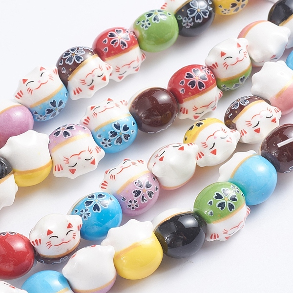 

PandaHall Handmade Printed Porcelain Beads, Lovely Cat, Mixed Color, 14x14x11.5mm, Hole: 2mm, about 25pcs/Strand, 12.20''(31cm) Porcelain..., Multicolor