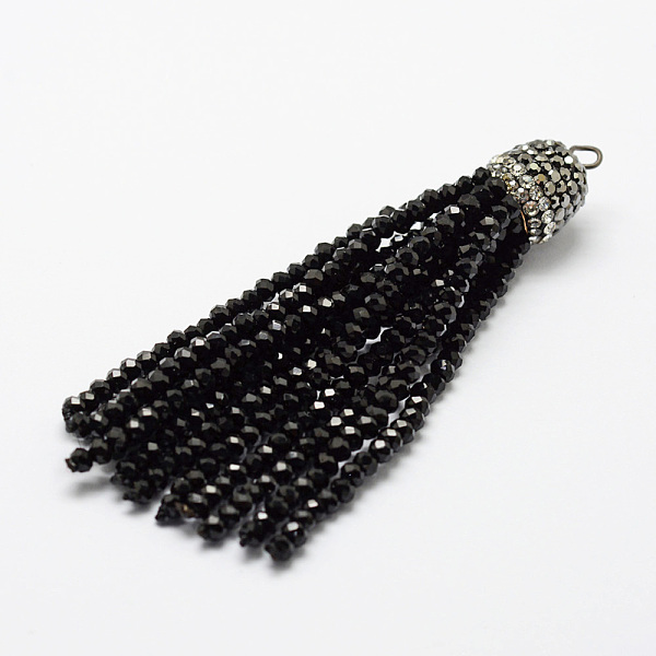 

PandaHall Electroplate Glass Bead Tassel Big Pendants, with Brass Rhinestone Findings, Black, 76x10.8mm, Hole: 2.5mm Glass Black