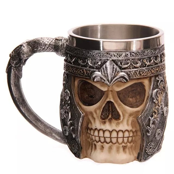 Pandahall Halloween 304 Stainless Steel Skull Mug, Resin Skeleton Viking Beer Cup, For Home Decorations Birthday Gift, Stainless Steel Color...