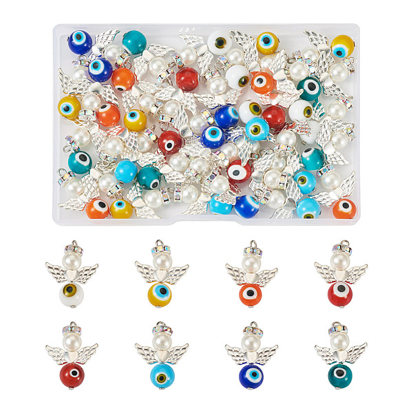 

PandaHall Handmade Evil Eye Lampwork Penadants, with Imitated Pearl Acrylic Bead and Brass Rhinestone, Angel Shape, Mixed Color, 30mm..., Multicolor